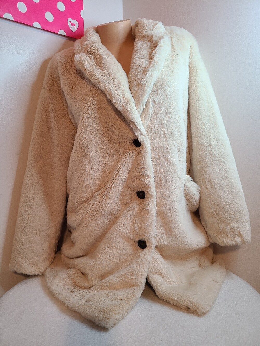 POPSUGAR Plush Cream Faux Fur Button Down Coat Size M